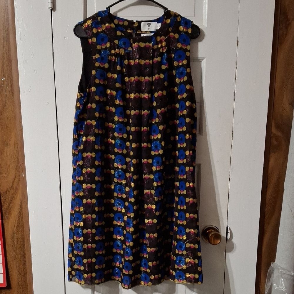 Anna Sui Vibrant Black Dress with Blue and Yellow Patterns (ROX122)